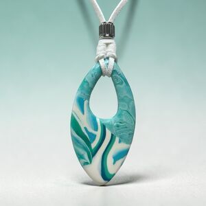 Artisan Handmade White Blue Green Polymer Clay Pendant Necklace Stainless Steel
